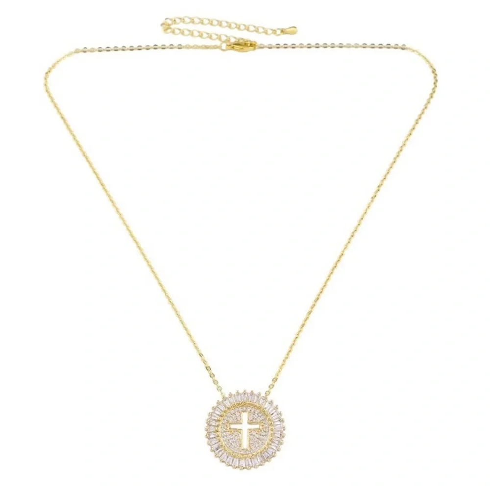 New Unisex Yellow Gold Plated Round Cut Diamond Necklace - Picture 3 of 4